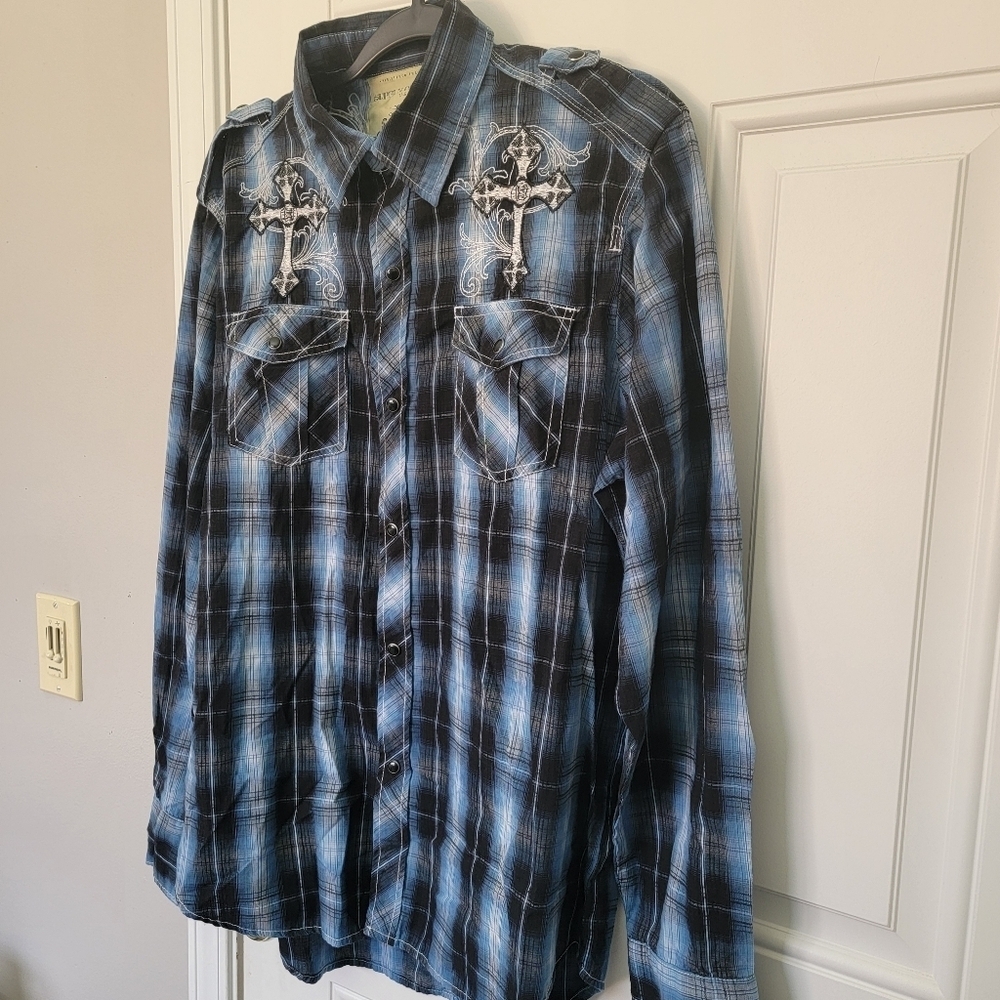 Supply Company USA Blue Plaid Affliction Style Black Pearl Snap Shirt Size L - Picture 3 of 12
